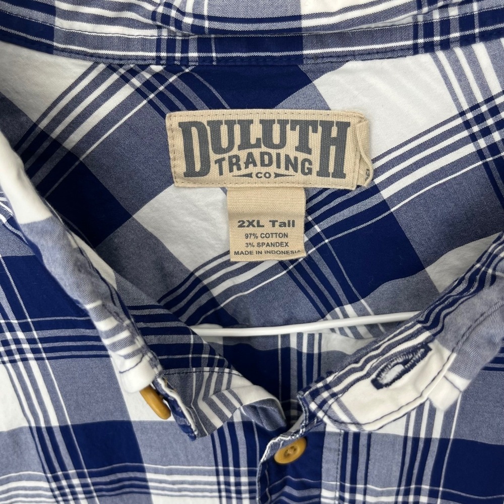 Duluth Trading Co Shirt Mens 2XL Tall Blue White Plaid Cotton Blend Relaxed Fit - Picture 3 of 12